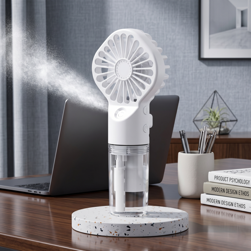 White Retailark portable humidifier fan on a desk emitting a cool mist spray near a laptop.