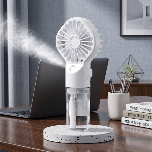 White Retailark portable humidifier fan on a desk emitting a cool mist spray near a laptop.
