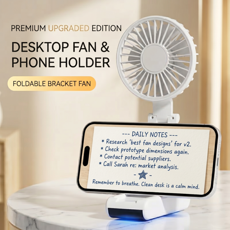 RetailArk Premium 3-in-1 portable neck fan and foldable desk fan acting as a smartphone holder on a white office desk.