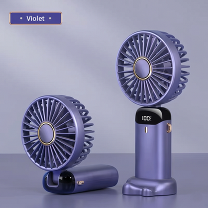 Violet purple RetailArk foldable portable neck hanging fan with built-in phone stand for travel comfort.