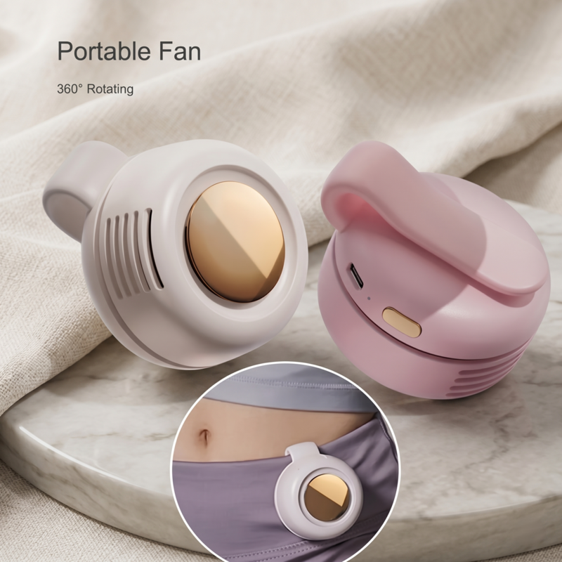 Retailark Mini Whirlwind portable fans displayed in white and pink, showing the compact snap-on waist clip design.