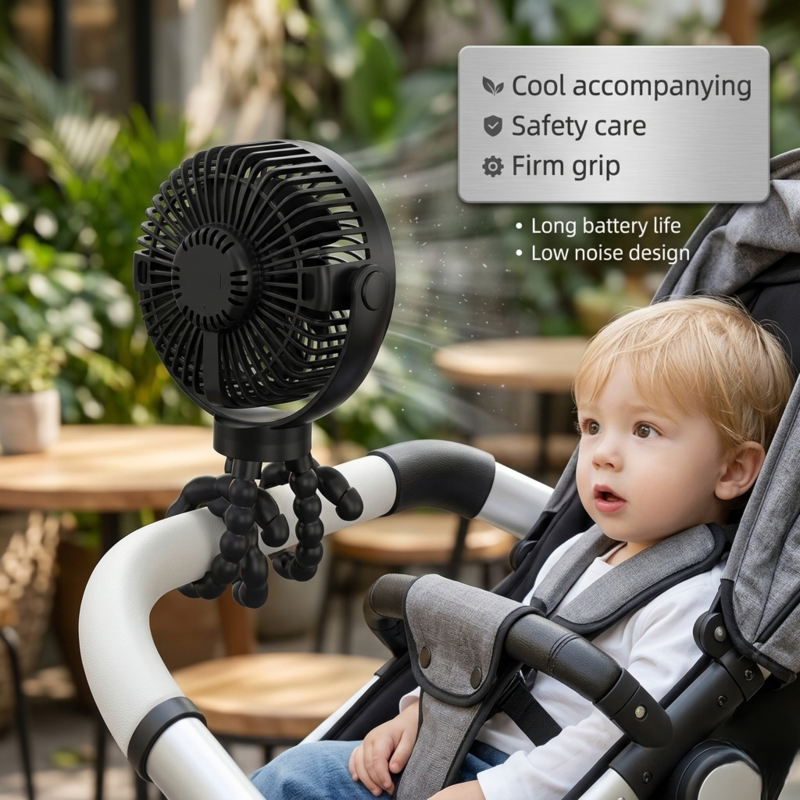 RetailArk black mini fan with a firm-grip tripod base attached to a stroller handle, highlighting safety-care and long battery life for newborns.