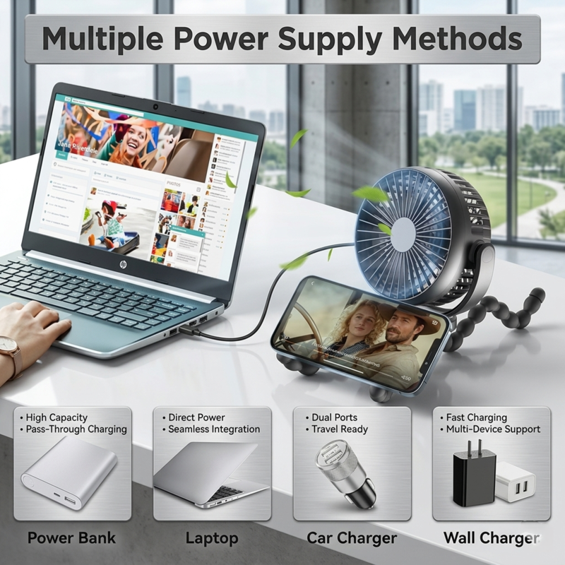 RetailArk mini fan showing multiple power supply methods including power bank, laptop, car charger, and wall outlet while functioning as a mobile phone holder.