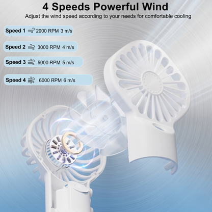 Infographic of the Retailark USB rechargeable handheld fan showing 4-speed powerful wind settings.