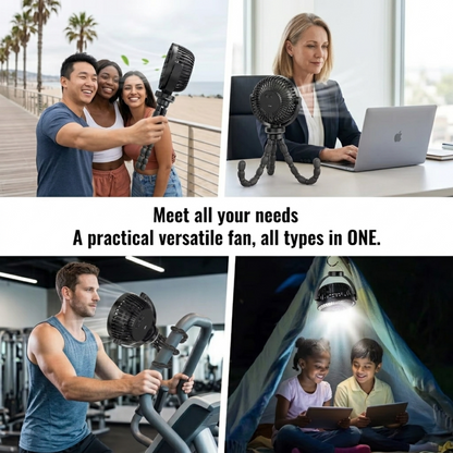 A practical versatile fan by RetailArk used as a desk fan for laptops, a phone holder for selfies, a gym fan on a treadmill, and a camping light in a tent.